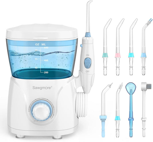 Sawgmore Water Flosser Oral Irrigator, 600ml Large Capacity, 10 Adjustable Pressures, Electric Flosser for Teeth/Braces, 8 Home Nozzles Professional Flosser Oral Irrigator(White)