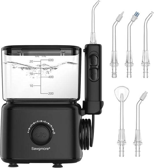 Sawgmore Water Dental Flosser Teeth Pick, 10 Adjustable Pressure, 600ml Large Capacity, Electric Oral Irrigator Water Floss for Teeth Cleaning, 5 Water Jet Tips for Family (Black)